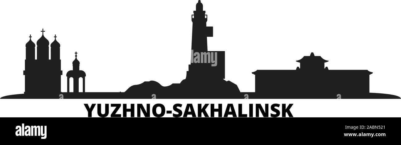 Russland, juschno Sakhalinsk Skyline der Stadt isoliert Vector Illustration. Russland, juschno Sakhalinsk Travel schwarz Stadtbild Stock Vektor