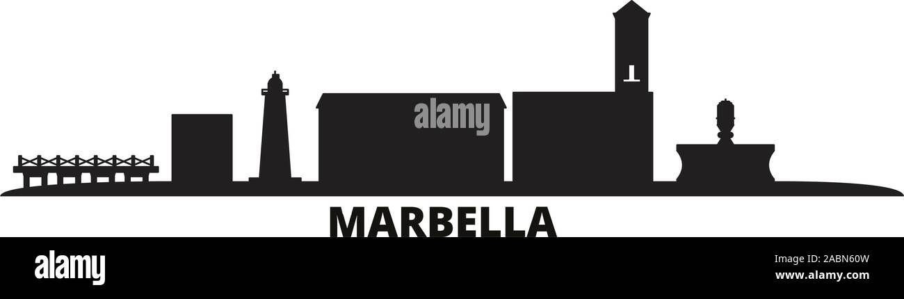 Spanien, Marbella Skyline der Stadt isoliert Vector Illustration. Spanien, Marbella Reisen schwarz Stadtbild Stock Vektor