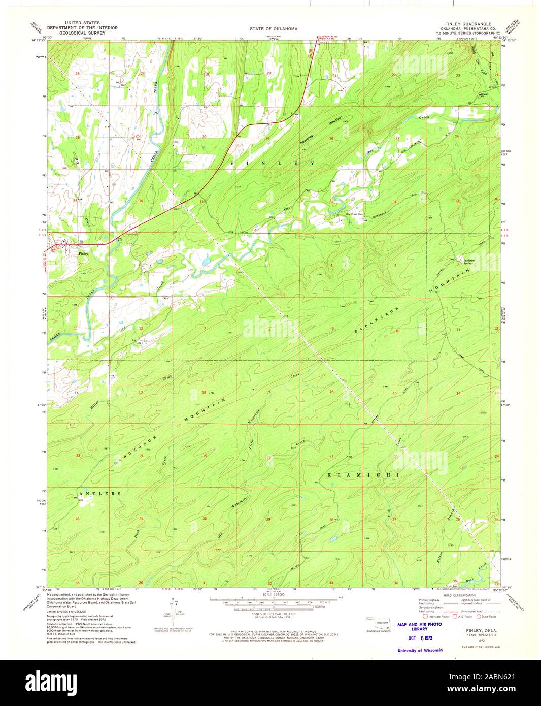 USGS TOPO Karte Oklahoma OK Finley 705857 1972 24000 Wiederherstellung Stockfoto