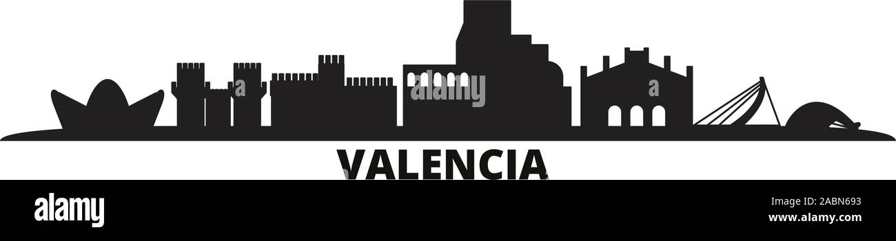 Spanien, Valencia Skyline der Stadt isoliert Vector Illustration. Spanien, Valencia reisen schwarz Stadtbild Stock Vektor
