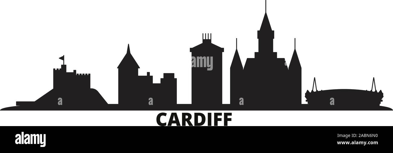 Vereinigtes Königreich, Cardiff City Skyline isoliert Vector Illustration. Vereinigtes Königreich, Cardiff Reisen schwarz Stadtbild Stock Vektor