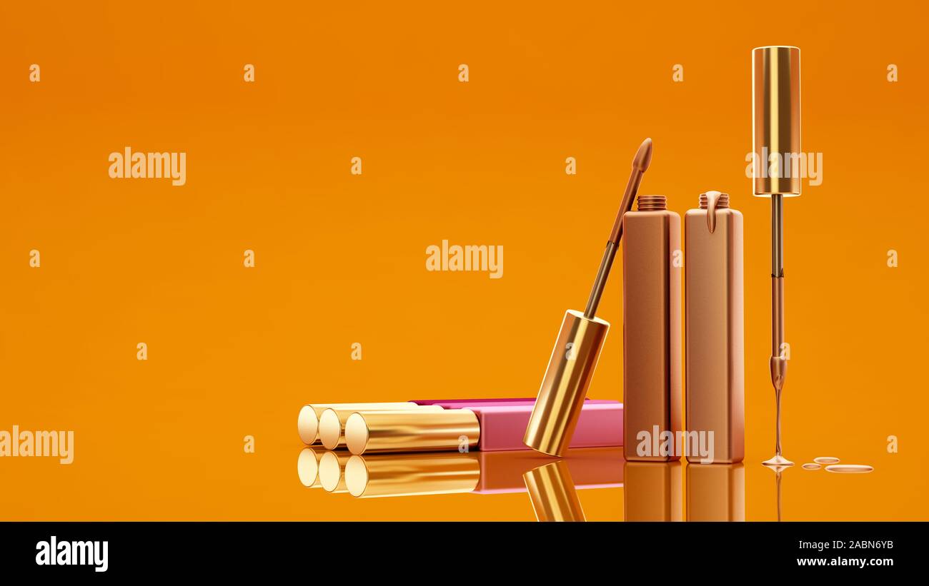 Gelber Hintergrund mit Lip Gloss. Kosmetik, Beauty, Mode, Make-up, Make-up, Lippenstift, 3D-Rendering von 3D-Darstellung Stockfoto