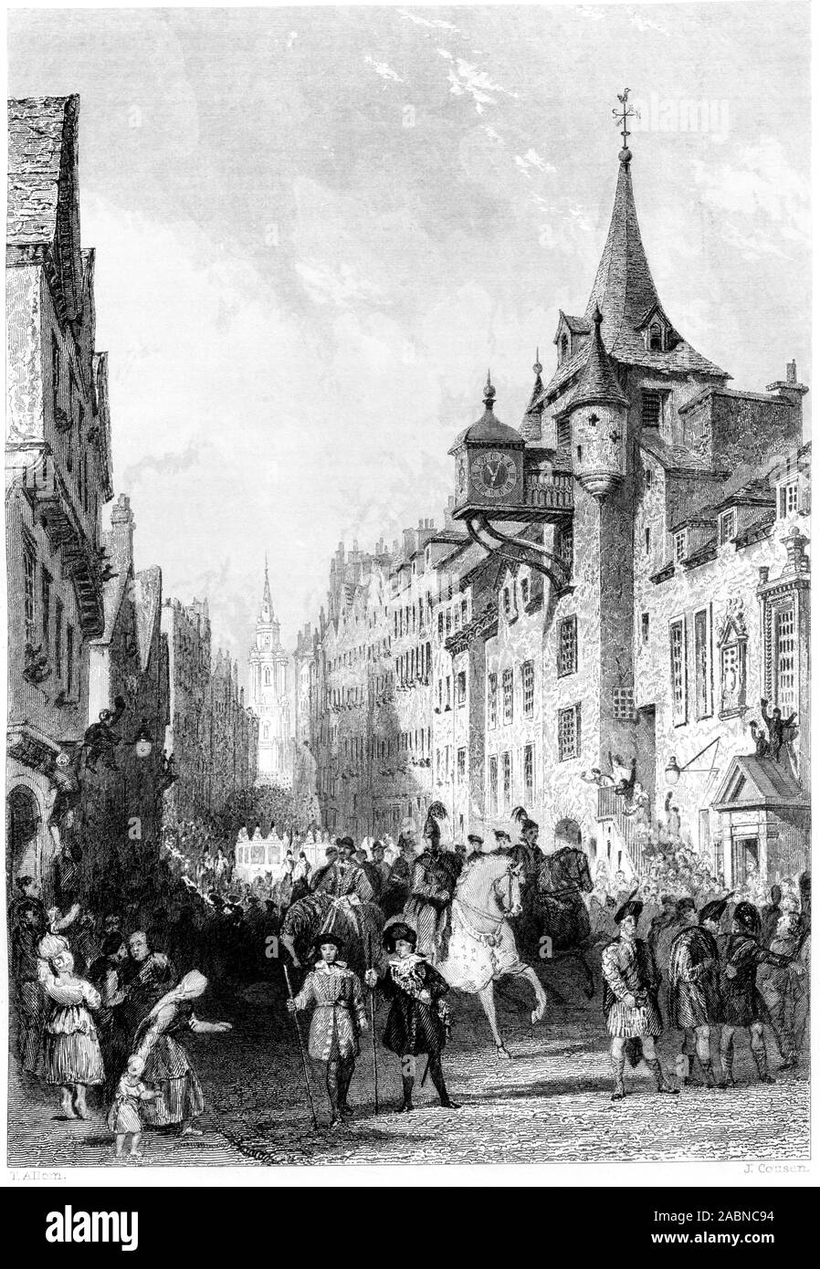 Gravur der Canongate während der Prozession von König George IV., Edinburgh, 22. August 1822 bei hohen Res aus einem Buch von 1859 gescannt. Stockfoto