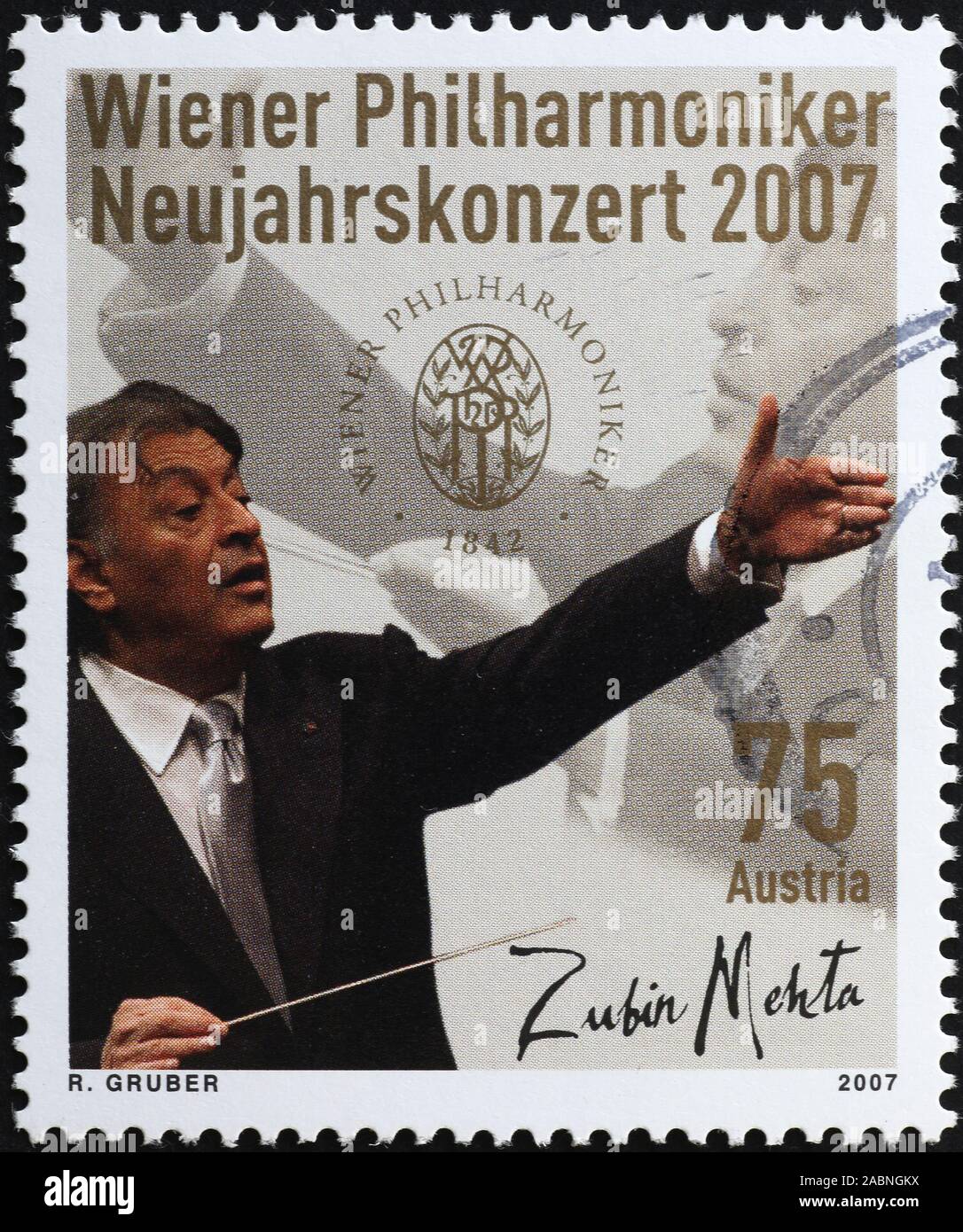 Portrait von Zubin Mehta auf Österreichische Briefmarke Stockfoto