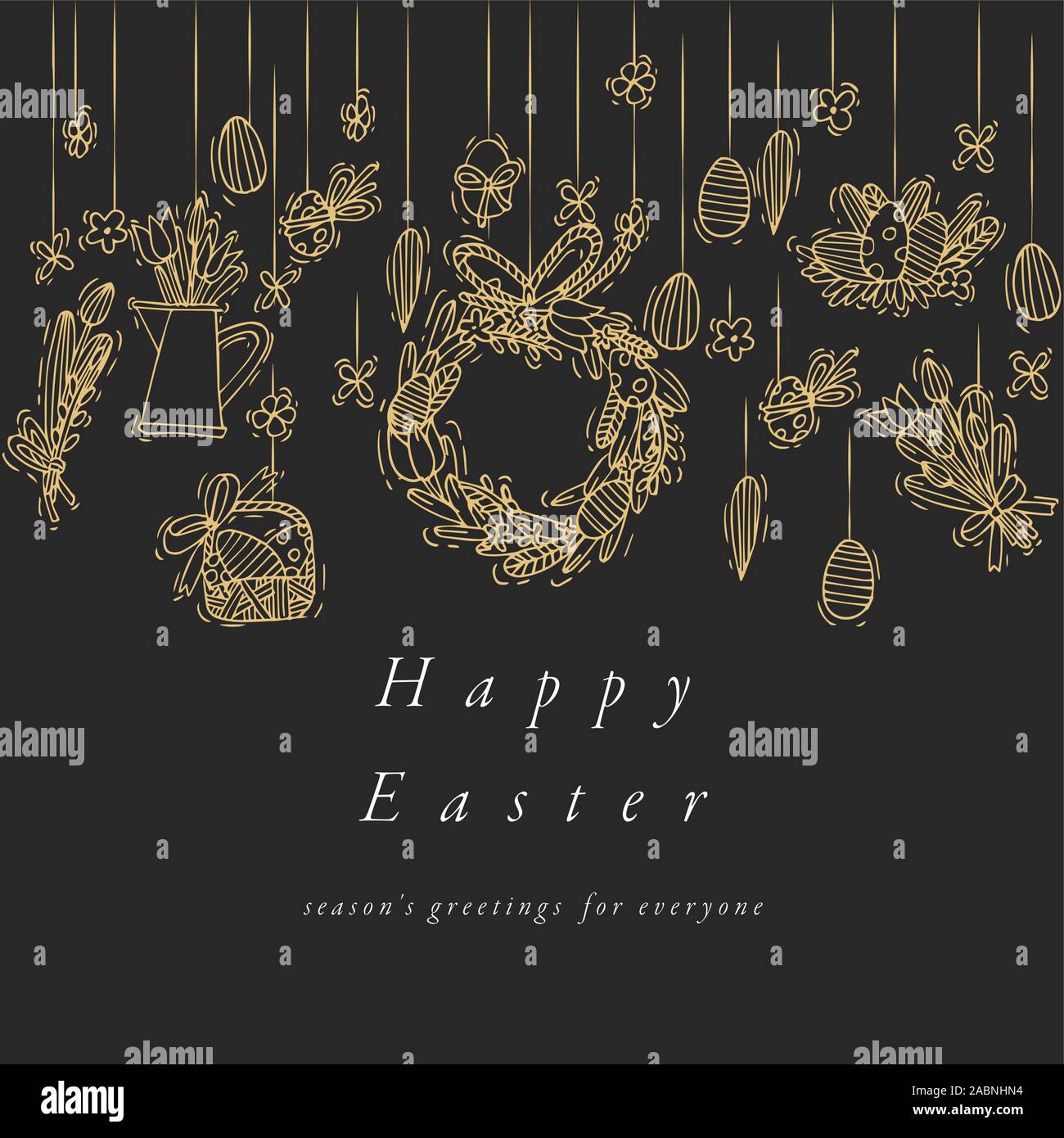 Ostereier Komposition. Bunte lineare Symbole auf dem weißen Hintergrund. Hängend Ostern Zierpflanzen Eier. Frohe Ostern Grußkarte. Stock Vektor