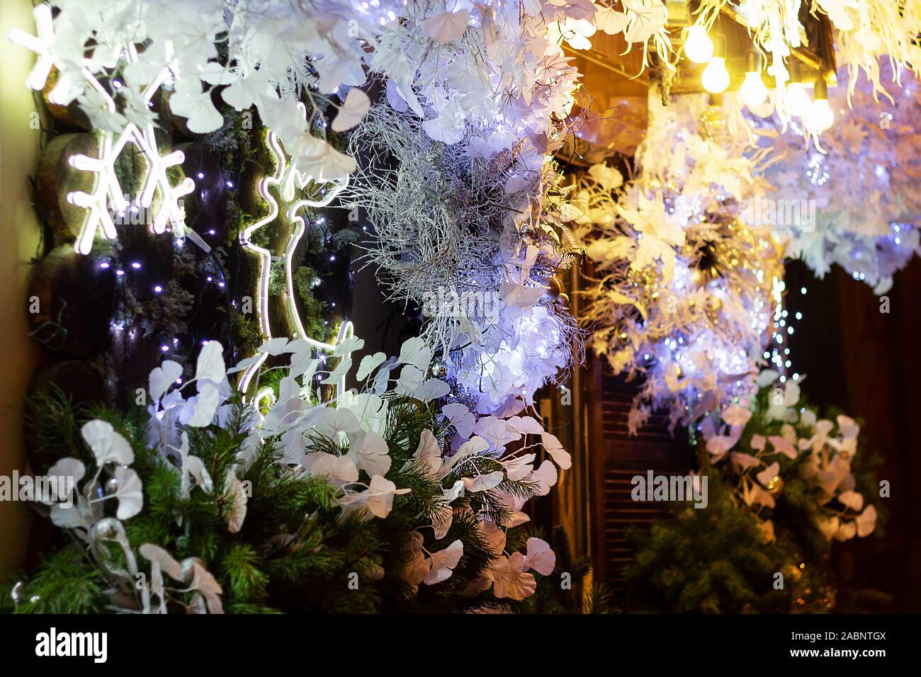 Weihnachten Dekoration Blumen Äußeres. leuchtenden Hirsch und Schnee Stockfoto
