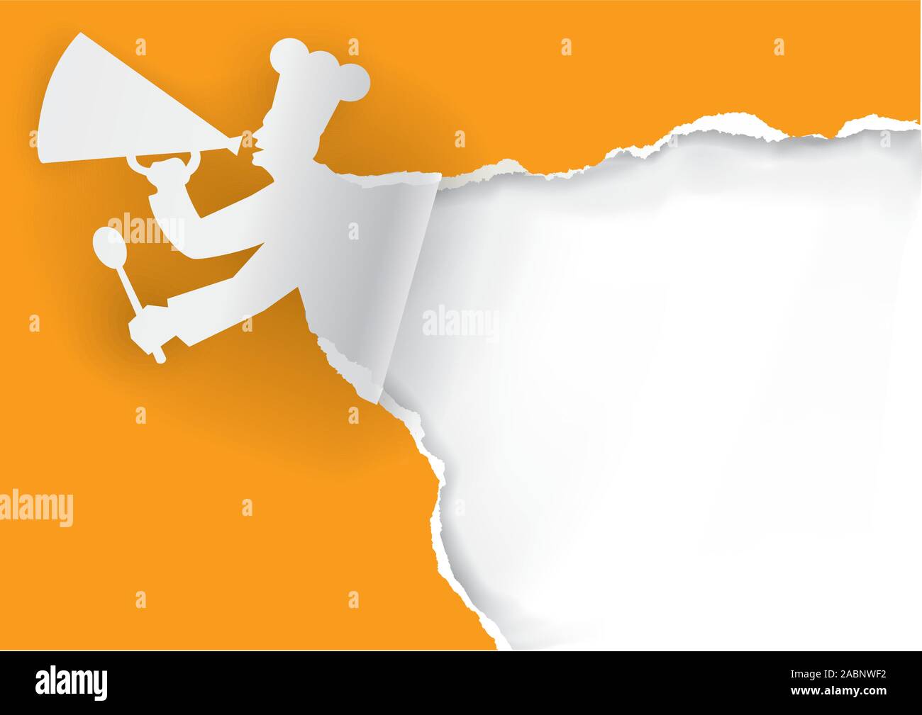 Papier Chef mit Megaphon. Rip-Papier Koch Silhouette mit Platz für Text oder Bild. Vektor zur Verfügung. Stock Vektor