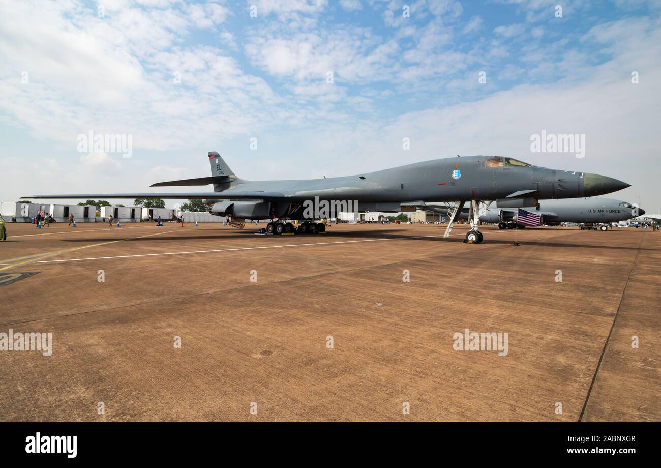 FAIRFORD/DEUTSCHLAND - vom 13. Juli 2018: US Air Force Rockwell B-1 B Lancer 85-0069 strategischer Bomber Static Display in Fairford Air Base Stockfoto