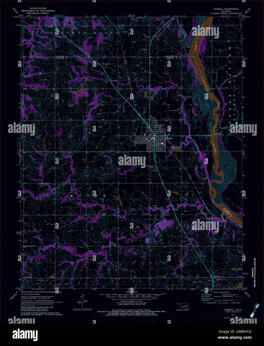 USGS TOPO Karte Oklahoma OK Haskell 800872 1971 24000 invertiert Wiederherstellung Stockfoto