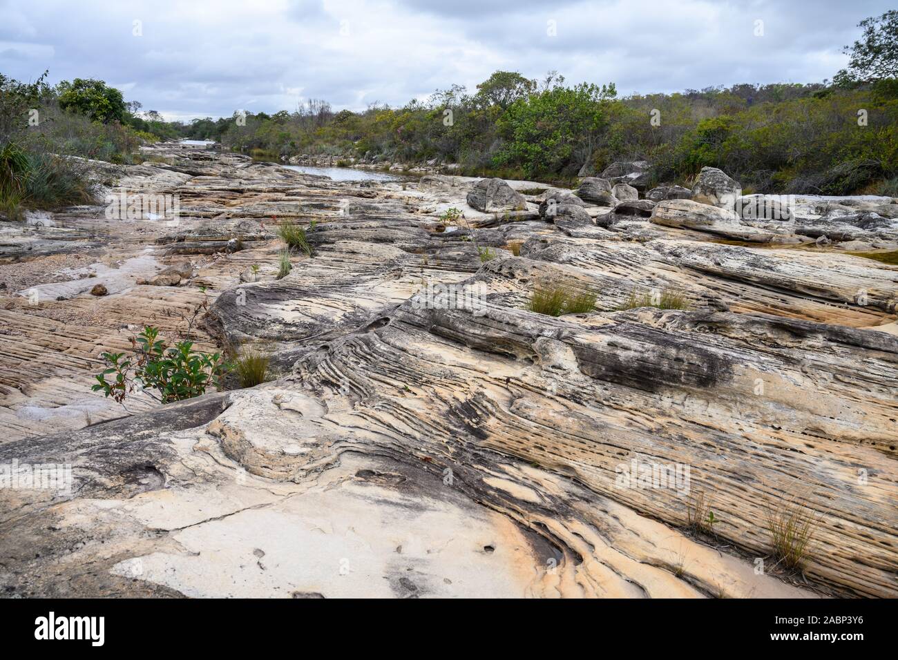 Aufschlüsse von Präkambrischen Sandstein zeigen deutliche Betten. Botumirim, Minas Gerais, Brasilien. Stockfoto