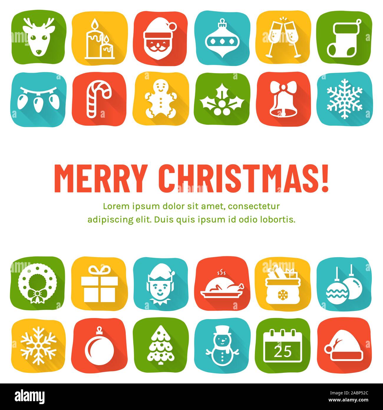 Frohe Weihnachten Banner oder Grußkarte mit Flachbild Symbole und Kopieren. Vector Hintergrund mit Urlaub Symbole und Platz für Text. Stock Vektor