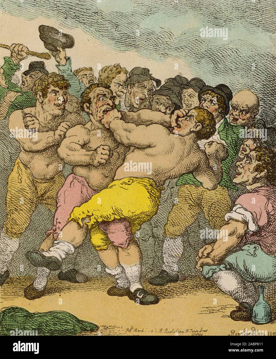 THOMAS ROWLANDSON (1756-1827) englischer Künstler und Karikaturist. Seine Zeichnung von 1812 'Beschreibung eines Boxengleichs zwischen ward und Quirk für 100 Guineas a Side' Foto: BIPS Stockfoto