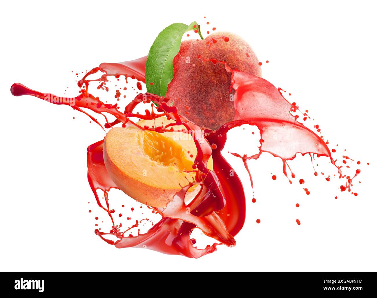 Pfirsiche in Saft splash auf einem weißen Hintergrund. Stockfoto