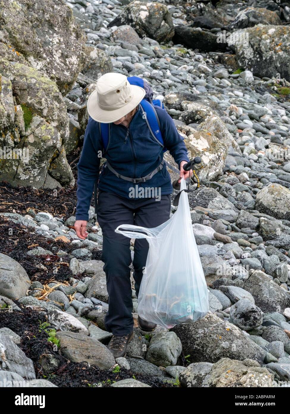 Frau Freiwillige sammeln Kunststoff marine Wurf auf steinigem Strand auf der Insel Colonsay, Schottland, Großbritannien Stockfoto