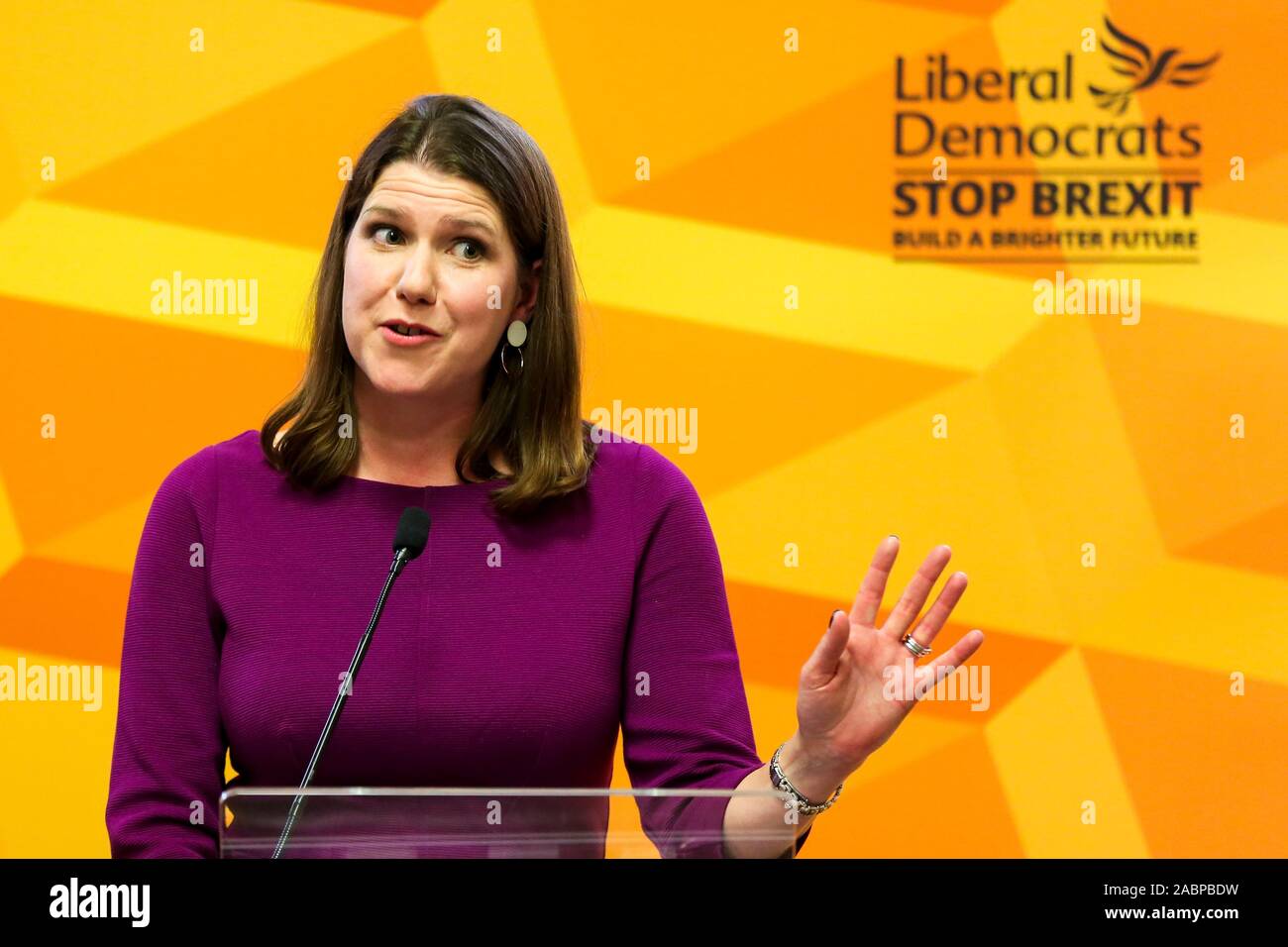 Liberaldemokraten Jo Swinson gibt eine Rede in Westminster mit dem Titel "Das Problem mit Boris Johnson". Nach Jo Swinson, Boris Johnson ist nicht der nächste Ministerpräsident zu werden. Wähler werden in zwei Wochen, am 12. Dezember 2019 Dritte allgemeine Wahlen in weniger als fünf Jahren. Stockfoto