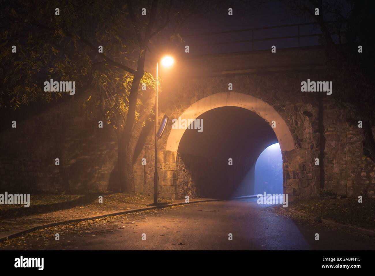 Der Tunnel. Weise, mit gespenstischen Dunst und Nebel in der Nacht. Einzelne Leuchte und Licht von der anderen Seite. Afterlife Konzept. Stockfoto