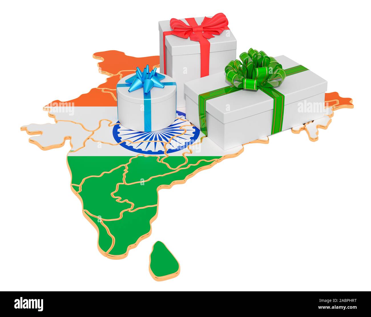 Geschenkboxen auf dem indischen Karte. Weihnachten und Neujahr Ferien in Indien Konzept. 3D-Rendering auf weißem Hintergrund Stockfoto