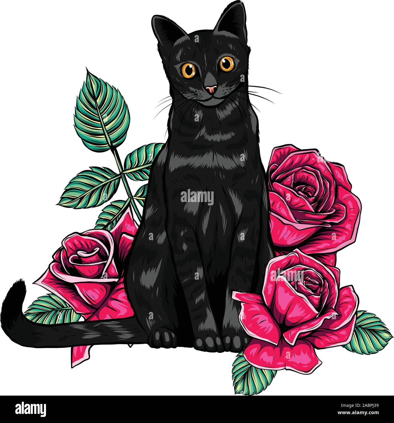 Cartoon flauschige Katze mit Rosen. Siamesische Katze mit offenen Augen und Blumen. Malbuch für Kinder und Erwachsene. Stock Vektor