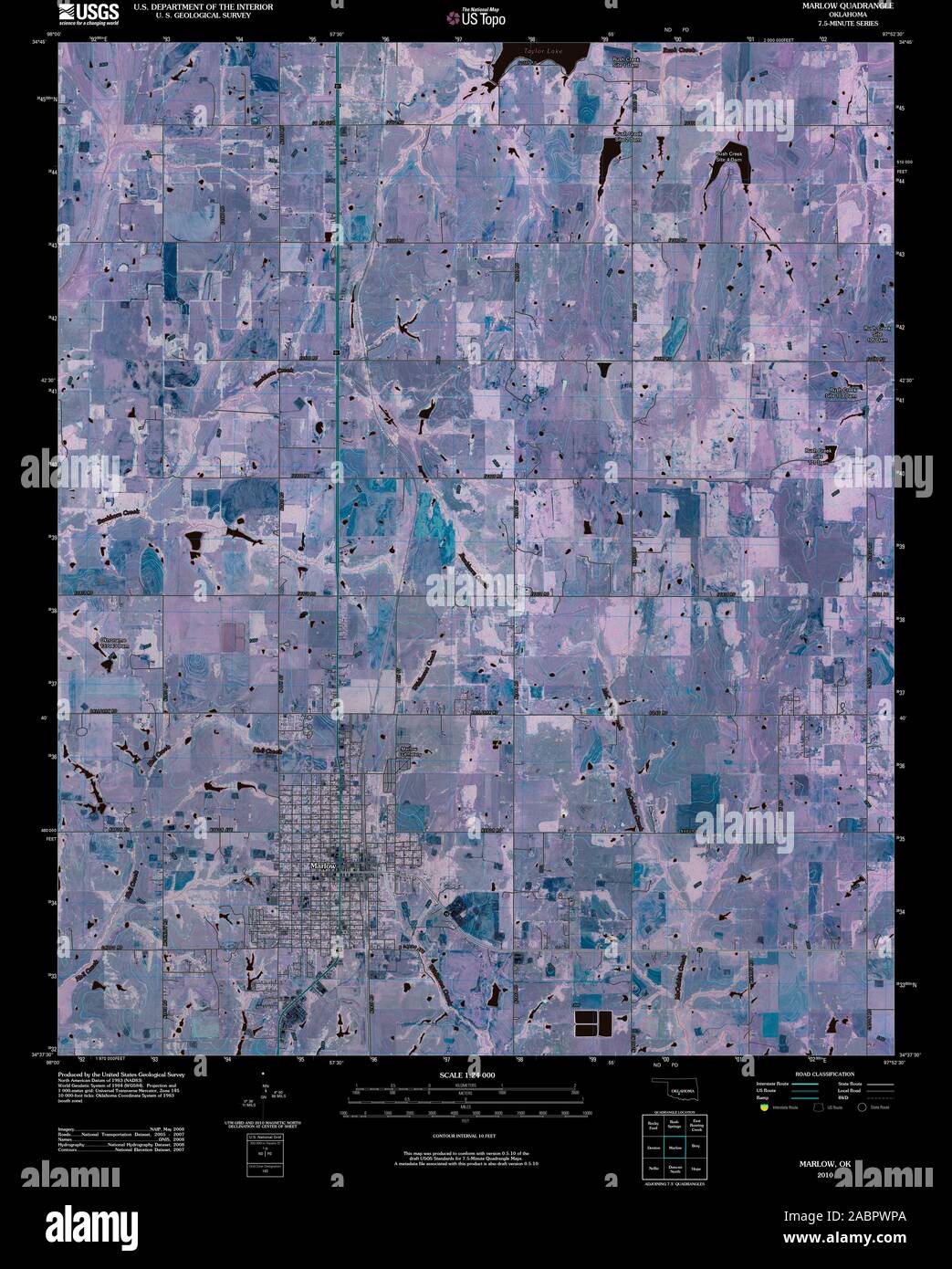 USGS TOPO Karte Oklahoma OK Marlow 20100201 TM invertiert Wiederherstellung Stockfoto