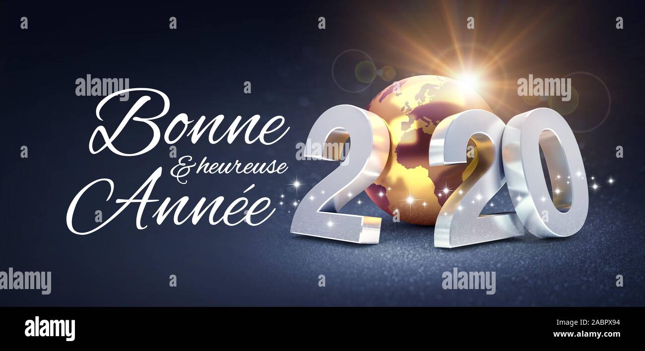 Silber: 2020 komponiert mit einem gold Planet Erde und frohes neues Jahr Grüße in Französisch, glitzernden auf schwarzem Hintergrund - 3D-Darstellung Stockfoto