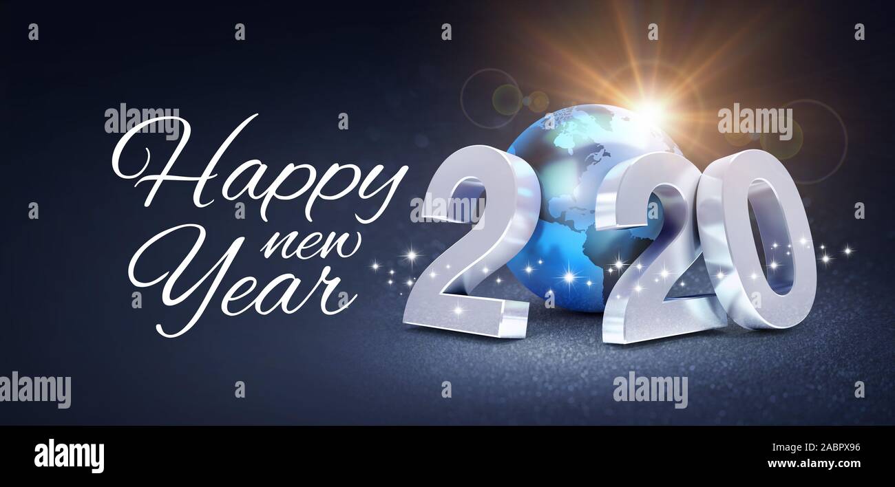 Frohes Neues Jahr Gruß und Silber: 2020 zusammen mit einem blauen Planeten Erde, glitzernde auf schwarzem Hintergrund - 3D-Darstellung Stockfoto