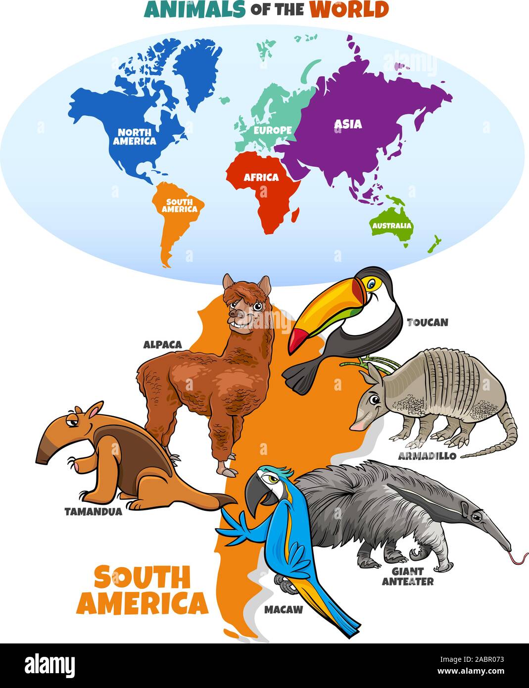 Pädagogische Cartoon Illustration der Südamerikanischen Tiere und Weltkarte mit Kontinenten Stock Vektor
