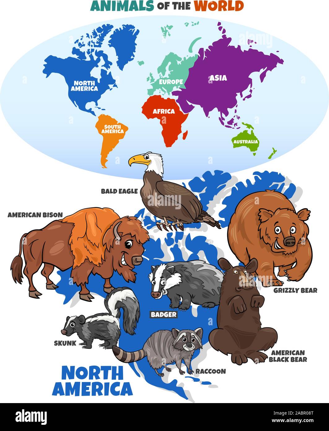 Pädagogische Cartoon Illustration der Nordamerikanischen Tieren und Weltkarte mit Kontinenten Stock Vektor