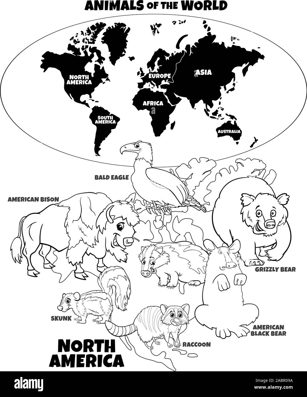 Schwarze und Weiße pädagogische Cartoon Illustration der Nordamerikanischen Tieren und Weltkarte mit Kontinenten Malbuch Seite Stock Vektor