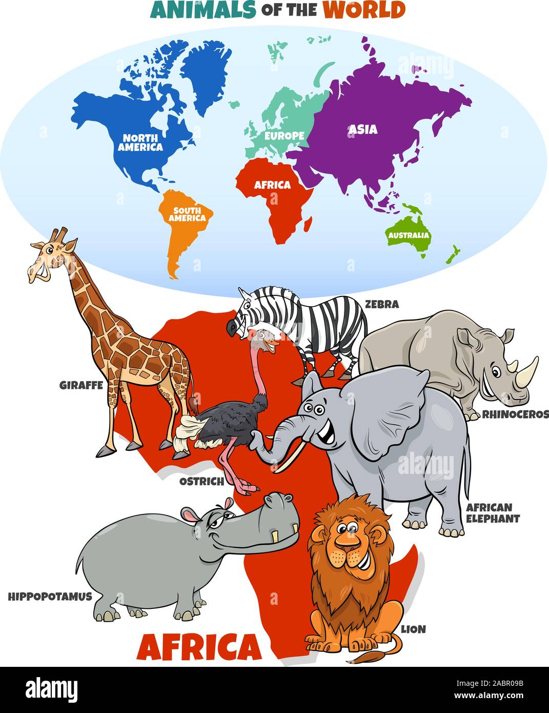 Pädagogische Cartoon Illustration der afrikanischen Tiere und Weltkarte mit Kontinenten Stock Vektor