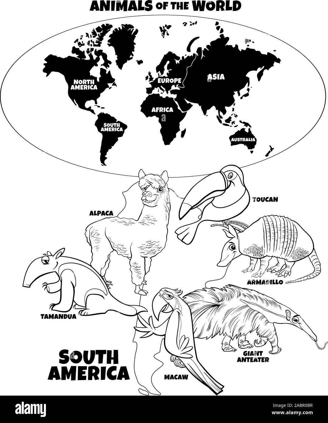 Schwarze und Weiße pädagogische Cartoon Illustration der Südamerikanischen Tiere und Weltkarte mit Kontinenten Malbuch Seite Stock Vektor