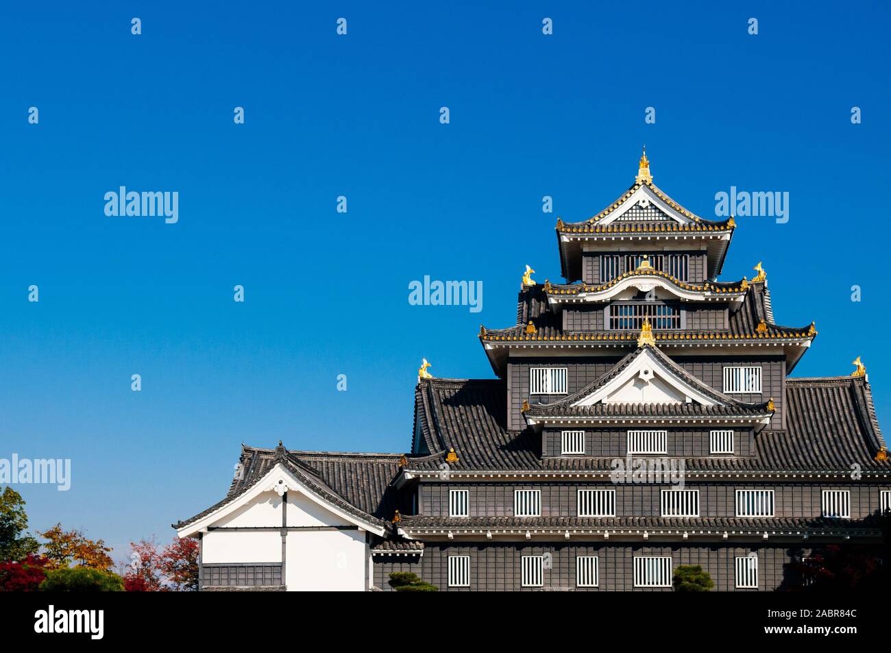 Okayama Castle Black Samurai Festung mit blauen hellen Himmel im Herbst. Japan Edo historische Schloss Stockfoto