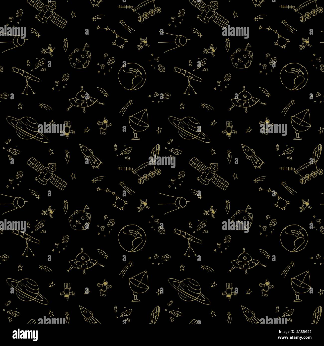 Doodle Raum nahtlose Muster. Gold Übersicht kosmische Objekte auf schwarzem Hintergrund. Vecctor illustartion. Stock Vektor