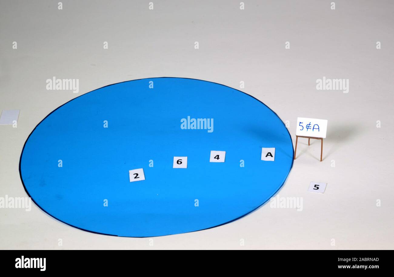 Setup der mathematischen Mengenlehre. Die denotion besagt, dass 5 nicht ist ein element von set EIN Stockfoto