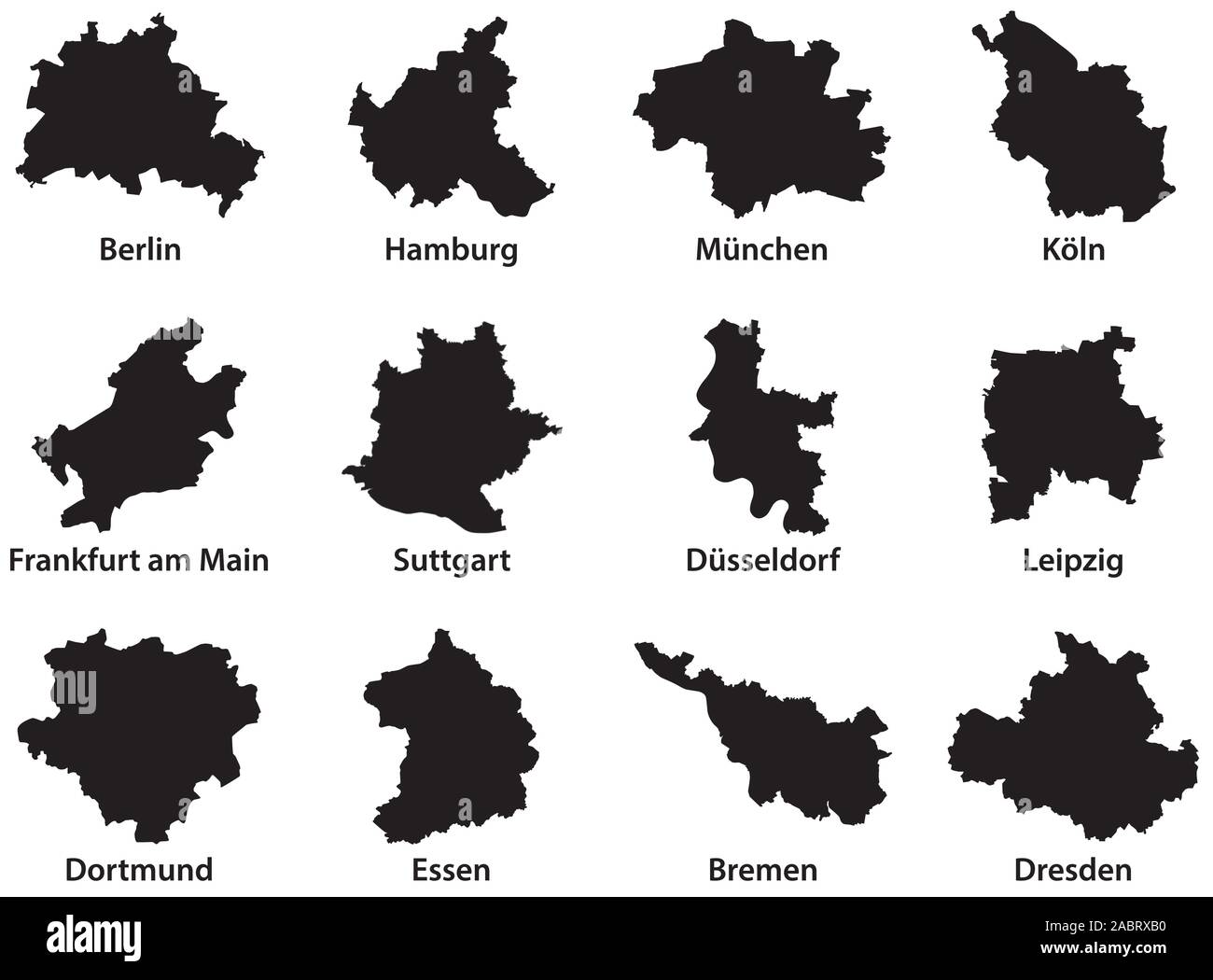 Schwarzer Outline maps der 12 bevölkerungsreichsten Städte der Bundesrepublik Deutschland. Stock Vektor