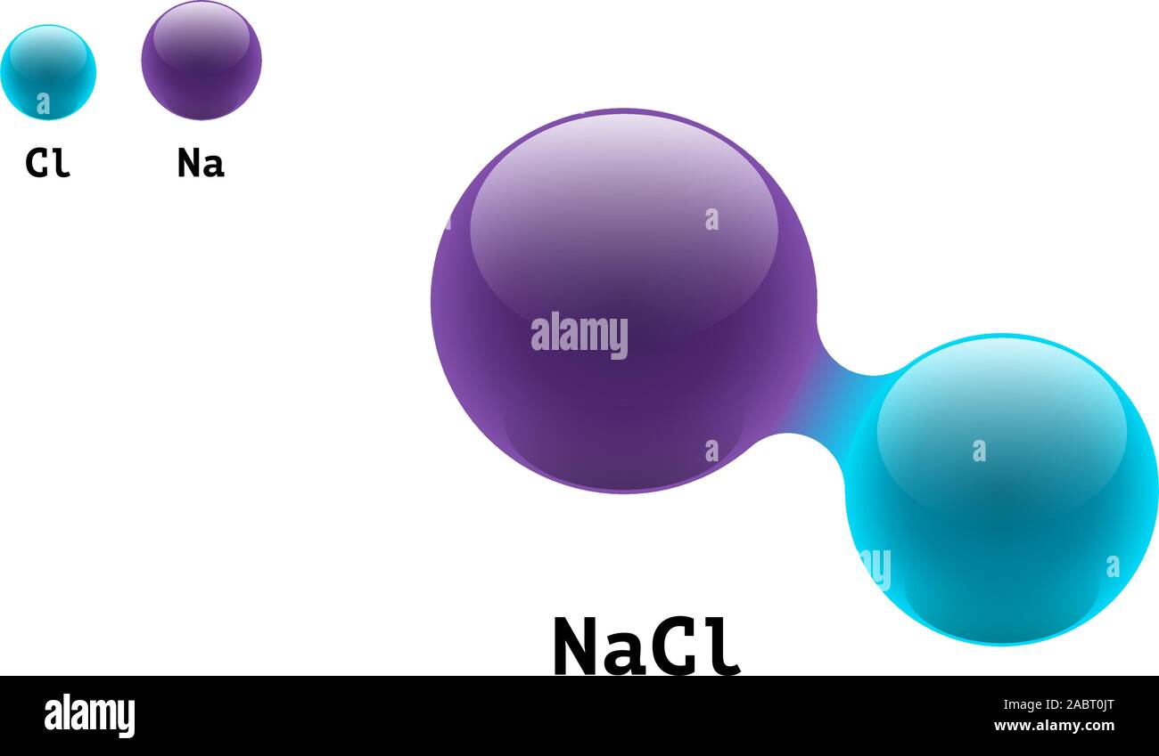 Chemie-Modell Salzmolekül zweiatomiges Natriumchlorid NaCl wissenschaftliche Element Formel. Integrierte Partikel anorganische 3d-Molekülstruktur bestehend. Zwei Volumen Atom Kombination eps Vektorkugeln Stock Vektor