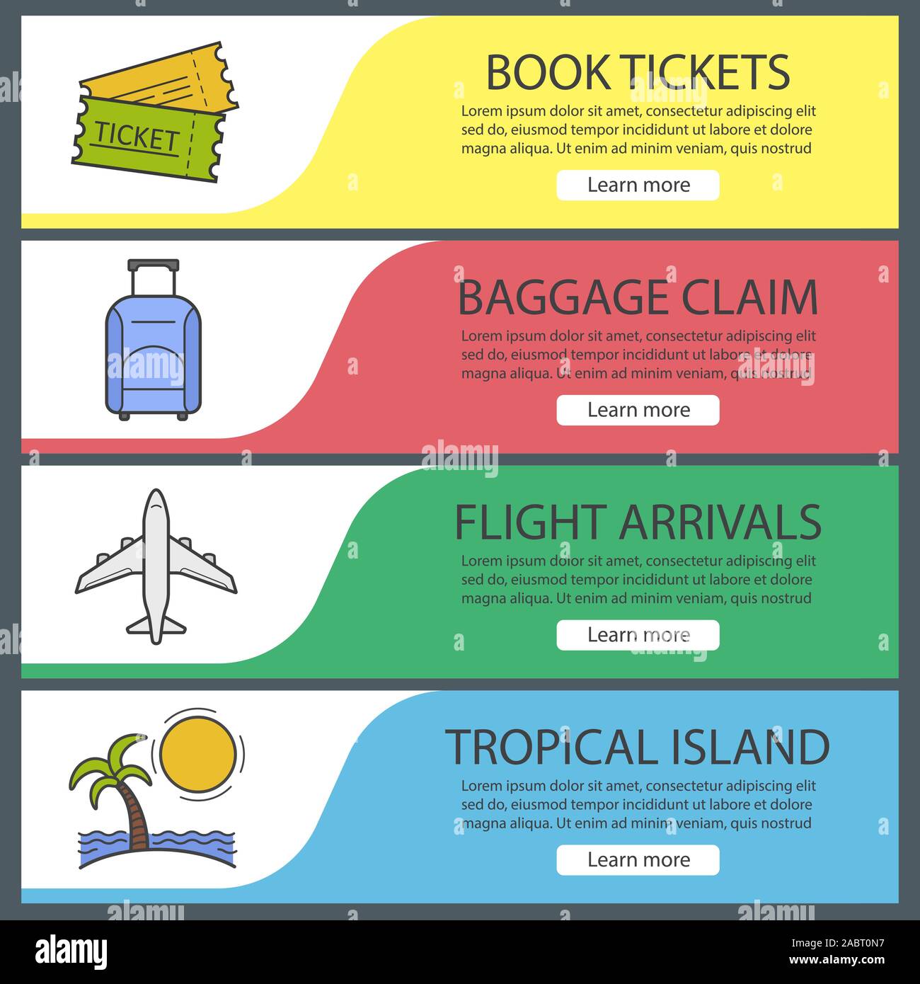 Urlaub und Reisen banner Vorlagen eingestellt. Einfach zu bearbeiten. Tickets, Koffer auf Rädern, Flug, tropischen Insel. Website Menüpunkte. Farbe web b Stock Vektor