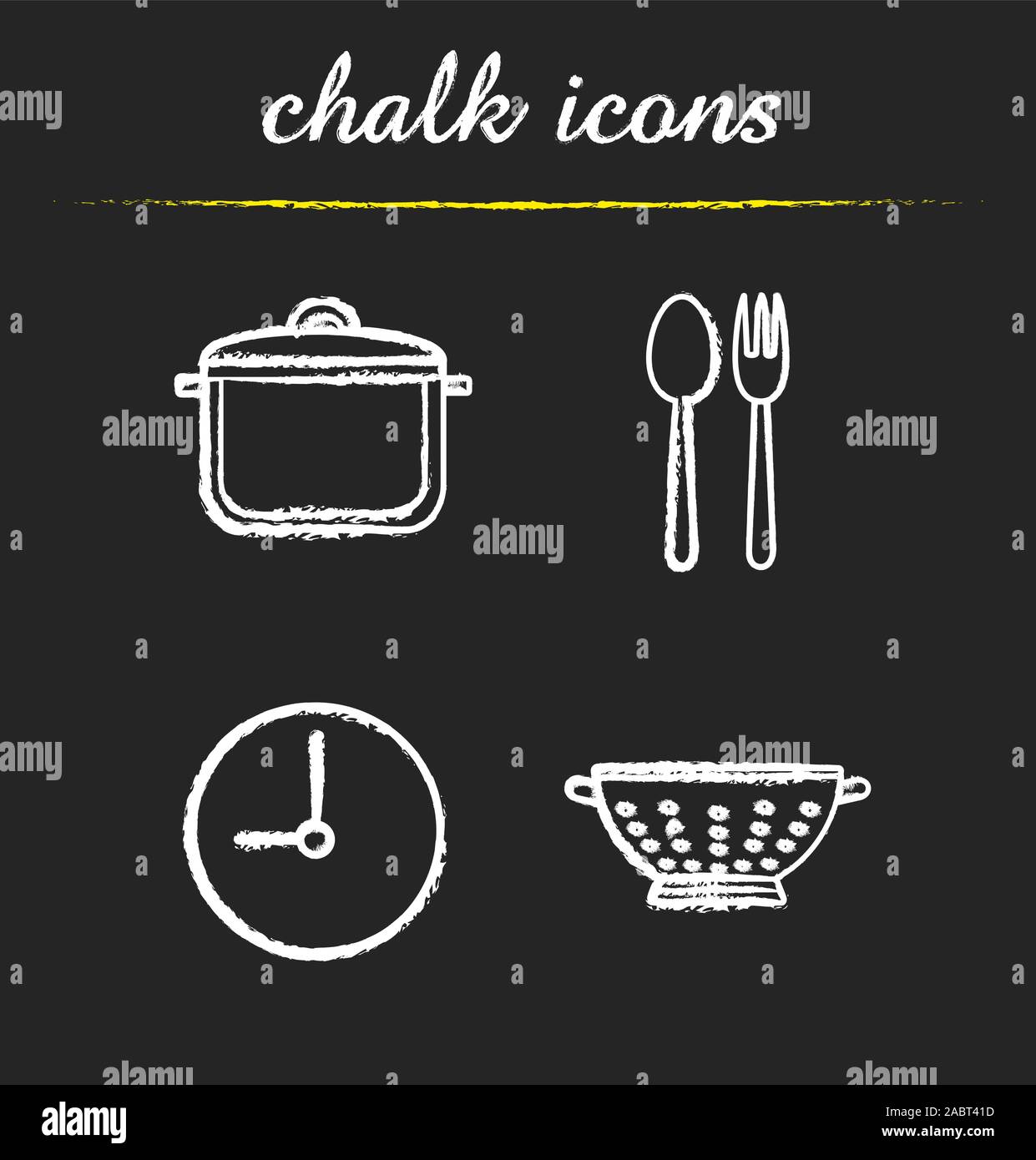 Küche Artikel chalk Symbole gesetzt. Eintopf pan, Gabel und Löffel, Uhr, Küche Sieb. Kochen isoliert Vektor Tafel Abbildungen Stock Vektor