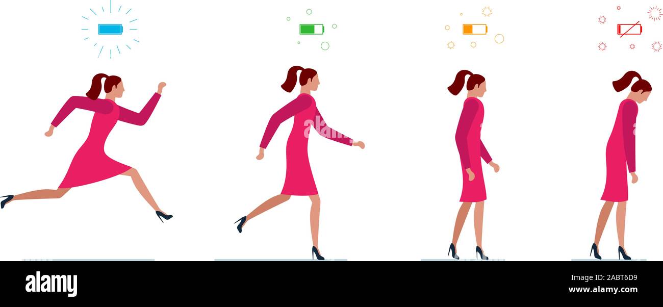 Lebensenergie voll und müde Geschäftsfrau. Leistungsstarke Person mit hoher Ladung und Ladestandanzeige. Arbeiterinnen-Konzept. Geschäftsfrau läuft und schwache Leistung zu gehen Illustration Stock Vektor