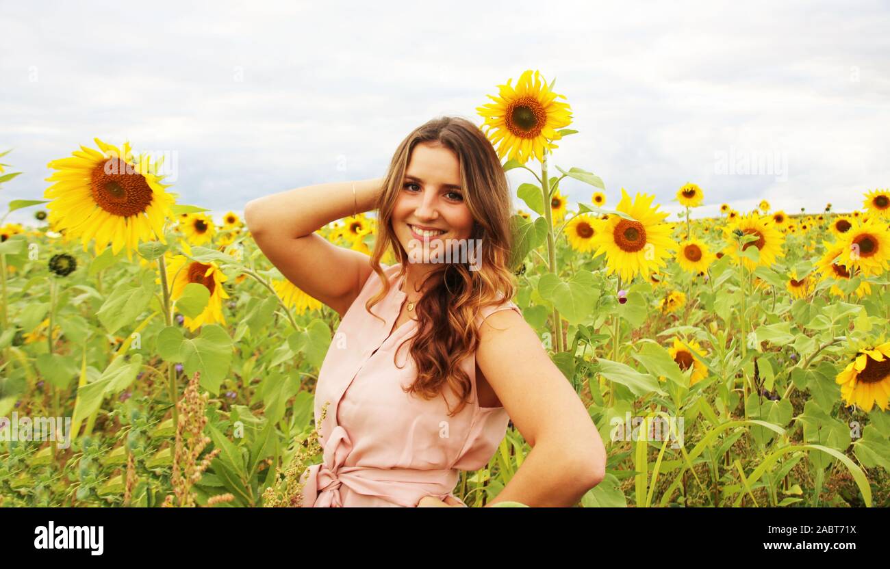 Schöne Frau in einem Sonnenblumenfeld Stockfoto