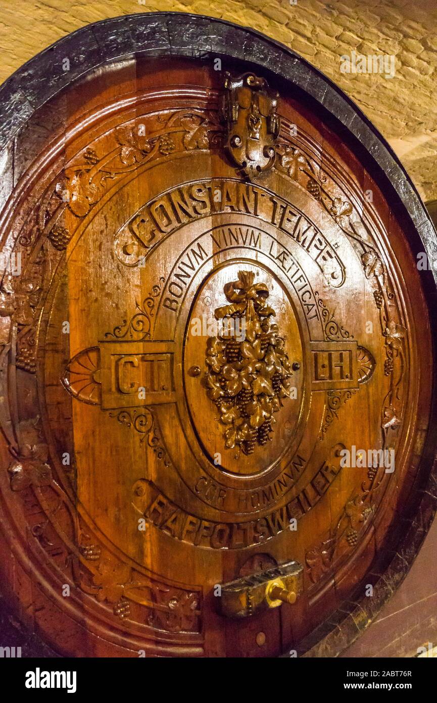 Fässer im mittelalterlichen Weinkeller, 1395, Hôpital Civil, Straßburg, Elsass, Grand Est, Frankreich Stockfoto