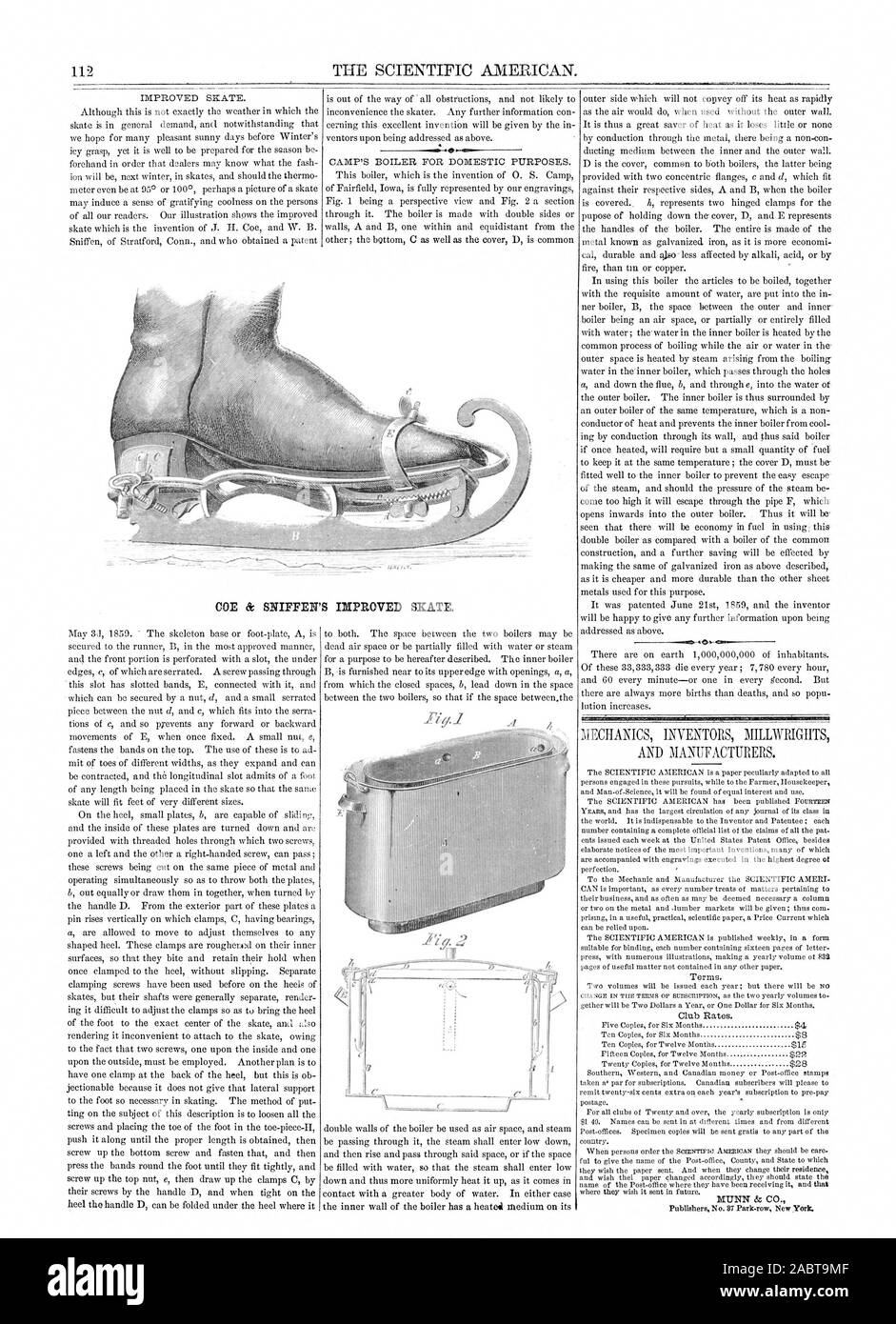 2 DIE Scientific American. COE & SNIFFEN DIE VERBESSERTE SKATE., 1859-08-13 Stockfoto