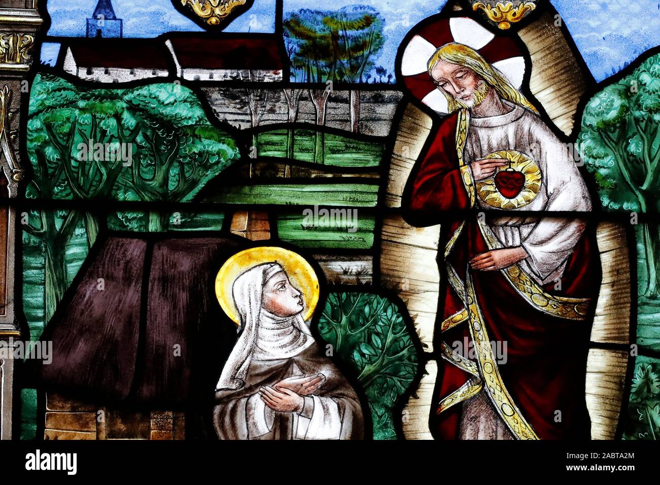 Erscheinung Sacré Coeur à Sainte Adele. St. Peter Kirche. Adela die Heiligen oder Adela von Messines. Glasfenster. Dreux. Frankreich. Stockfoto