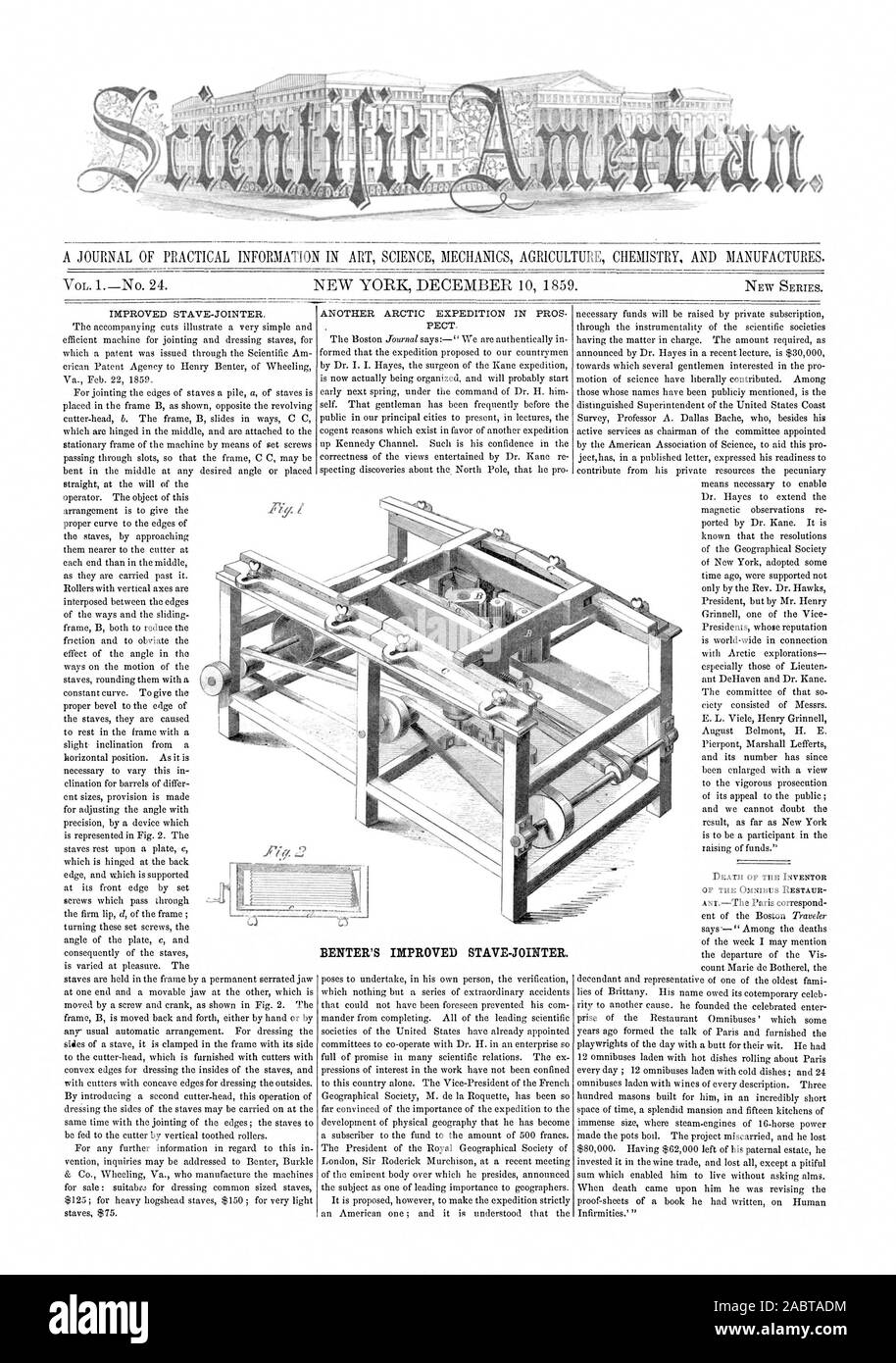 Eine ZEITSCHRIFT FÜR PRAKTISCHE INFORMATIONEN IN WISSENSCHAFT MECHANIK LANDWIRTSCHAFT CHEMIE UND PRODUZIERT. BENTER der verbesserten DAUBE - VORSCHÄLER., Scientific American, 1859-12-10 Stockfoto