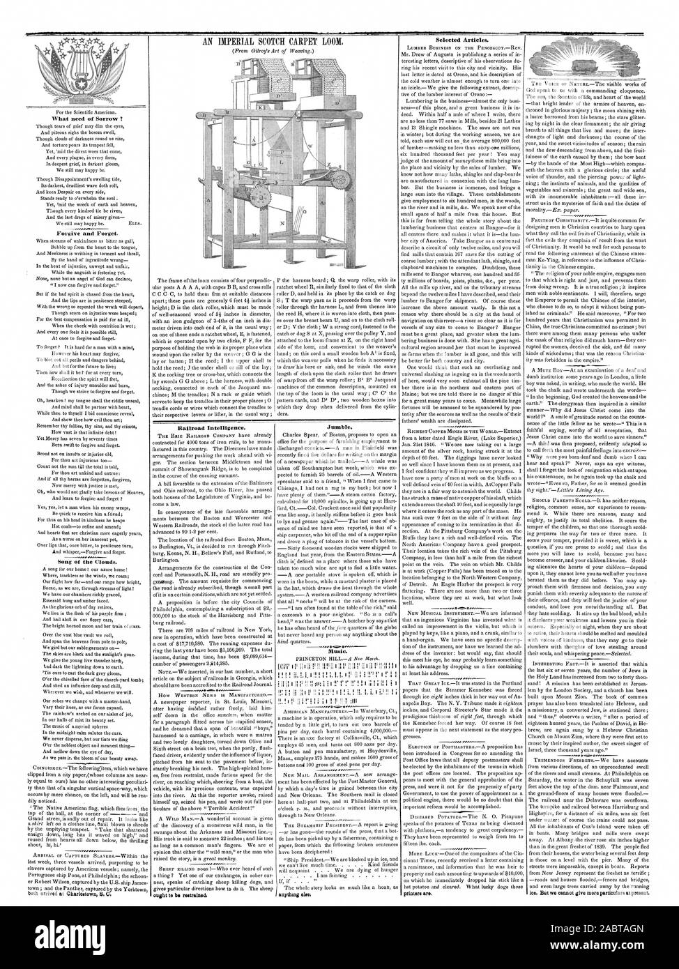 Eine imperiale SCOTCH TEPPICH Webstuhl. Vergeben und Vergessen. Lied der Wolken. Sowohl in Charlestown S.C. Railroad Intelligenz angekommen. Sollte Durcheinander zurückgehalten werden. Musik. Alles andere. Ausgewählte Artikel. Schnittholz GESCHÄFT AUF DEM PENOBSCOTRev. Reichsten KUPFERMINEN DER WELT, Scientific American, 1846-03-19 Stockfoto