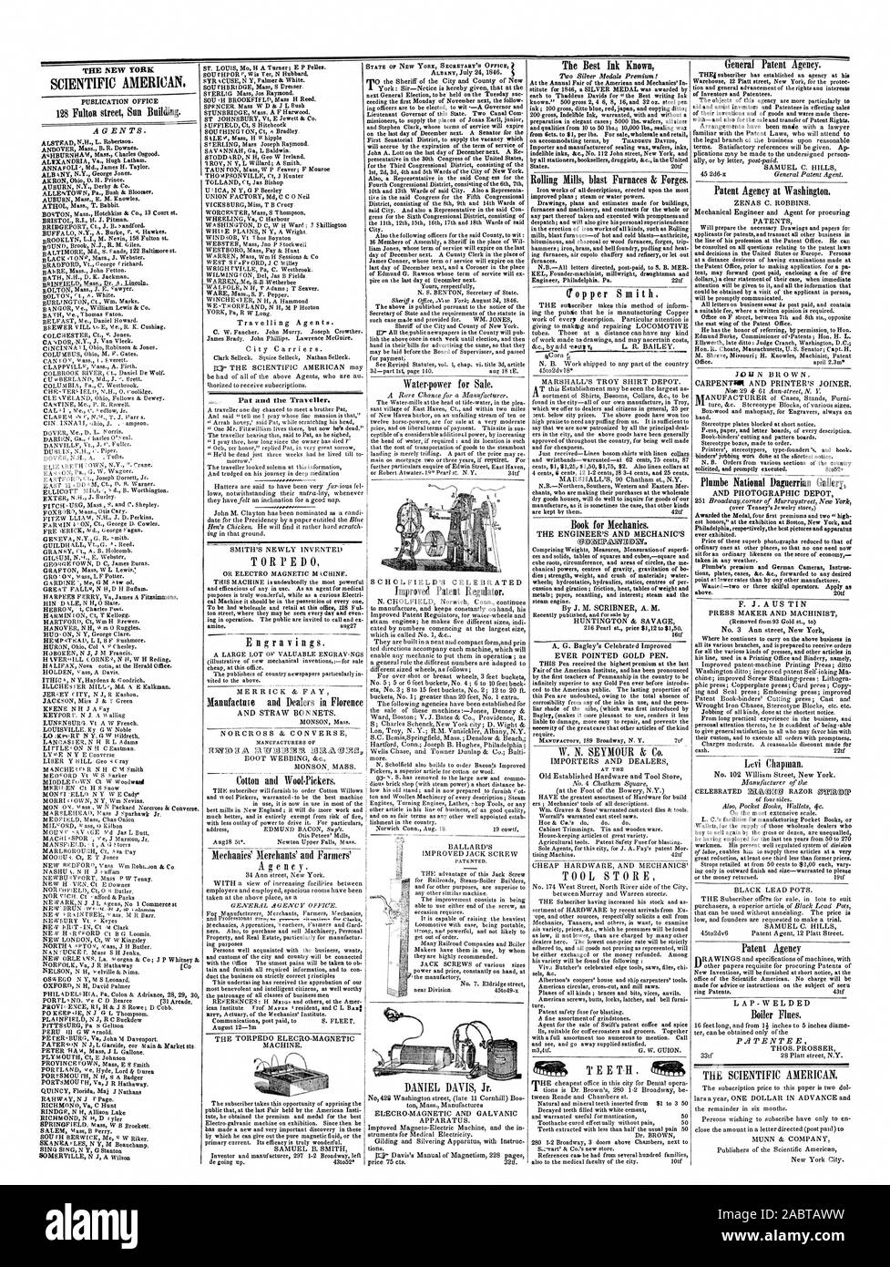 Patentierte SCHOIJFIELD gefeiert. Die NEW YORK WISSENSCHAFTLICHE AMERIKANISCHE AGENTEN. Reisende Sachbearbeiter. Pat und die Reisenden. Der TECHNIKER UND MECHANIKER VON J. M. SCRIBNER A. M. HUNTINGTON & SAVAGE IMMER SPITZ GOLD PEN. Importeure und Händler Alten Hardware und Tool Store UND STROH MOTORHAUBEN. Maschine. Maschinenbauingenieur und Agent für die Beschaffung von CARPENTRII UND DES DRUCKERS. Und FOTOGRAFISCHE DEPOT F. J. AUS ZINN LAP-geschweißte Patentinhaber, 1846-08-27 Stockfoto