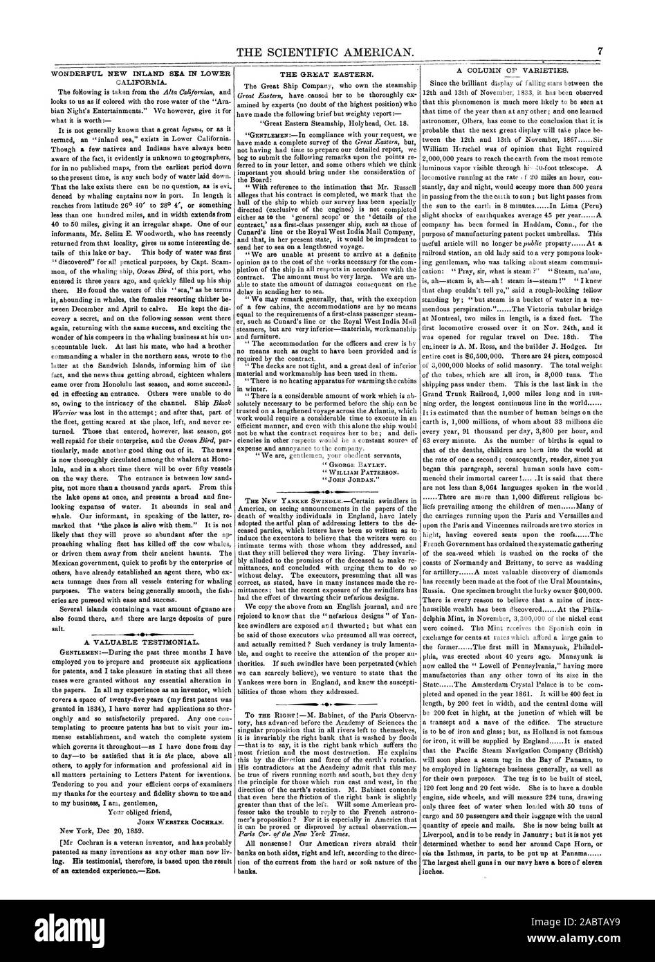 Der Scientific American. 7 JOHN WEBSTER COCHRAN. 'GEORGE BAYLEY. "WILLIAM PATTERSON. 'JOHN JORDAN." Zoll., 1860-01-02 Stockfoto