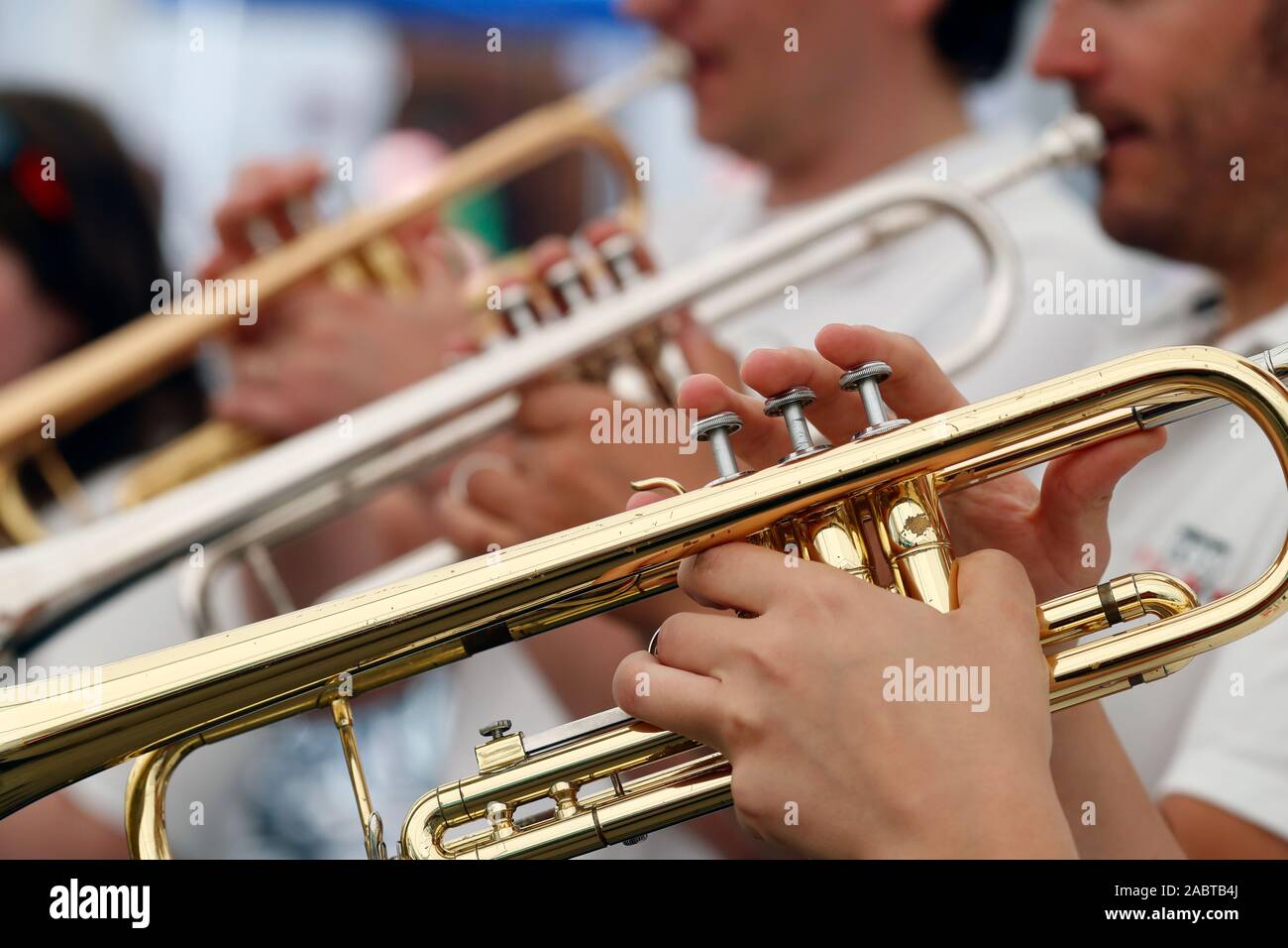 Brass Band Musiker. Trompeter. Domancy. Stockfoto