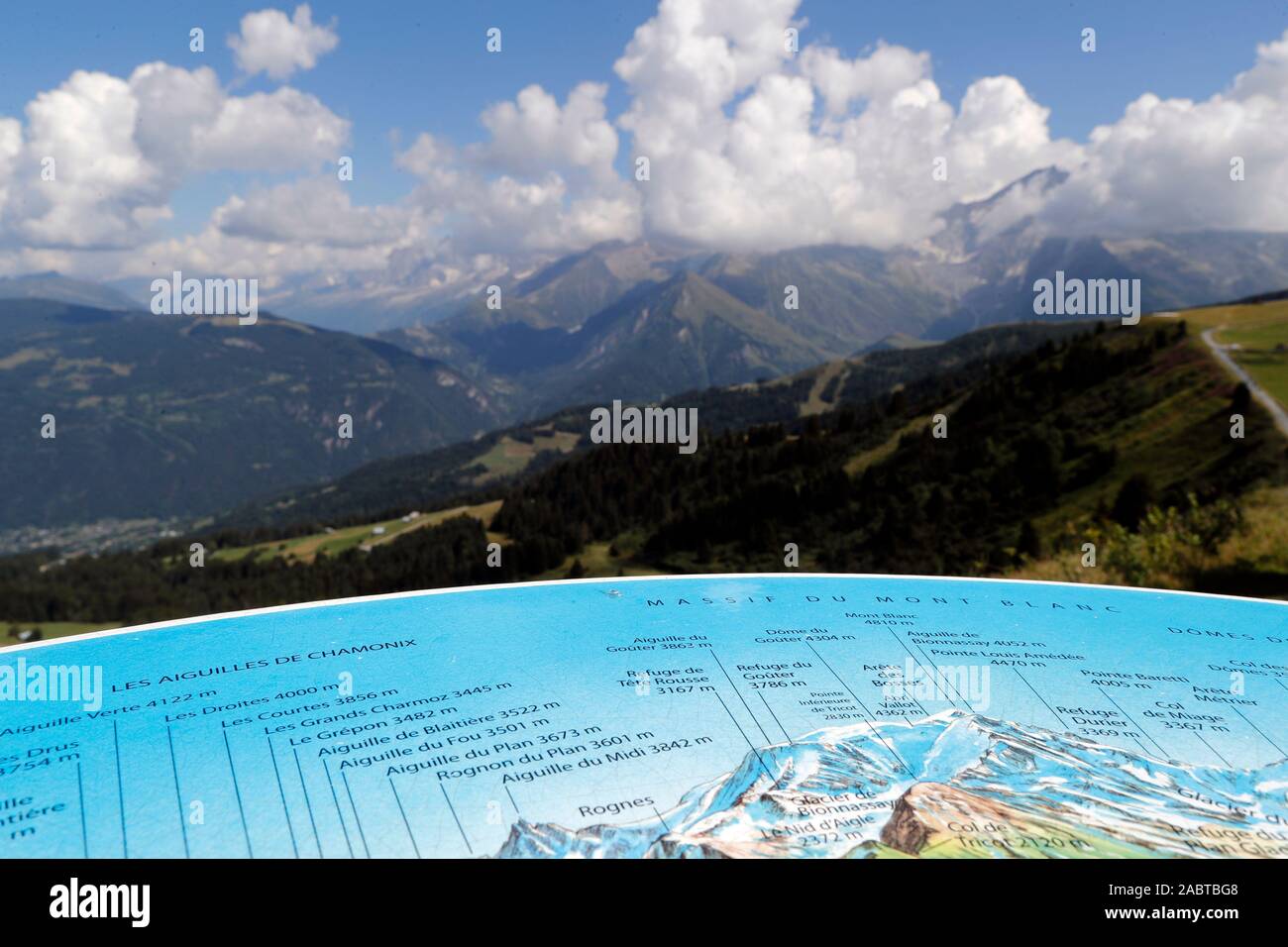 Die französischen Alpen. Mont d'Arbois. Orientierung Tabelle. Saint-Gervais. Frankreich. Stockfoto