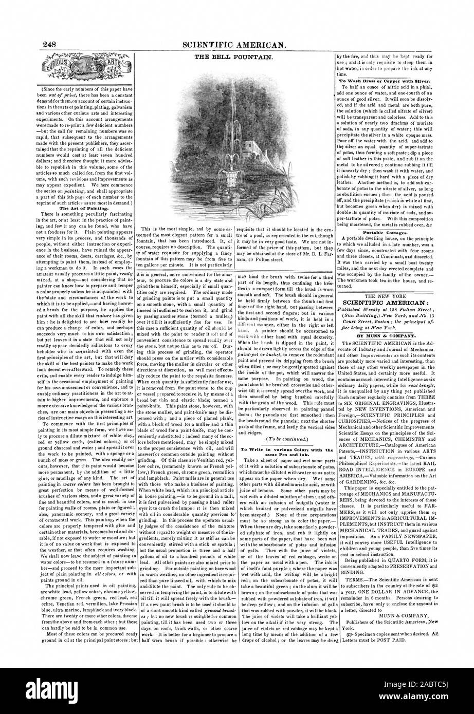 248 Scientific American. Die Glocke Brunnen. In verschiedenen Farben und mit der gleichen Feder und Tinte zu schreiben. Die Kunst der Malerei. Waschen aus Kupfer oder Messing mit Silber. Tragbare Cottages. SCIENTIFIC AMERICAN: DURCH MUNN s Firma., 1847-04-24 Stockfoto