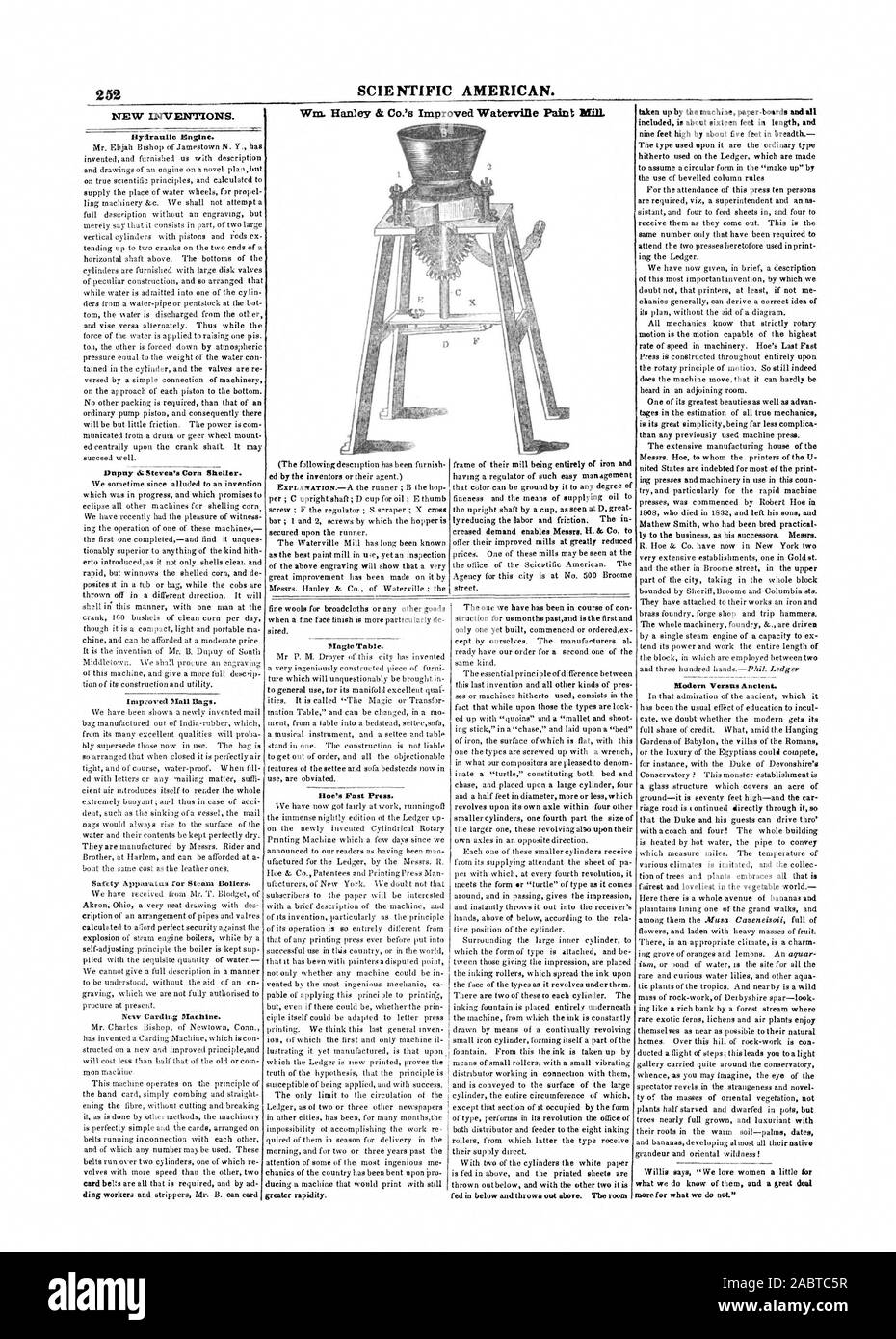 252 Scientific American. Wm. Hanley & Co. Die verbesserte Waterville Farbe Mühle. Neue Erfindungen. Hydraulische Motor. Dupny s Steven's Mais Sheller. Verbesserte E-Mail Taschen. Magic Tabelle. Hoe's Vergangenheit. Drücken, um die Maschine Papiers-Boards und alle enthalten ist ca. 16 Fuß in der Länge und Moderne gegenüber Alten. Was wissen wir von Ihnen und noch viel mehr für das, was wir nicht tun., 1847-05-01 Stockfoto